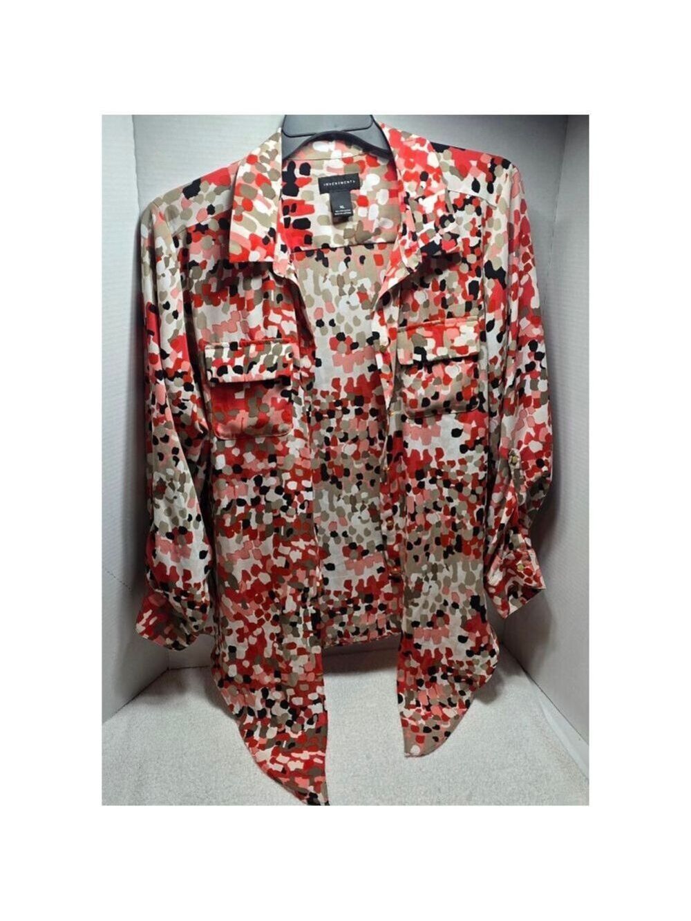 Women's Investments Button Down Shirt XL Red Beige Abstract Print